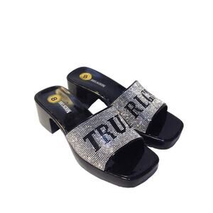 True Religion Rhinestone Embellished Block Heel Mule Sandals 8